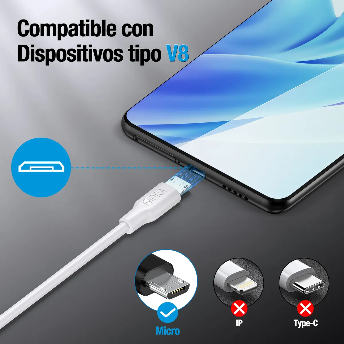 CAB245B - 1HORA CABLE USB A MICROUSB (V8), 2.1AMP, 2METROS - Imagen 7