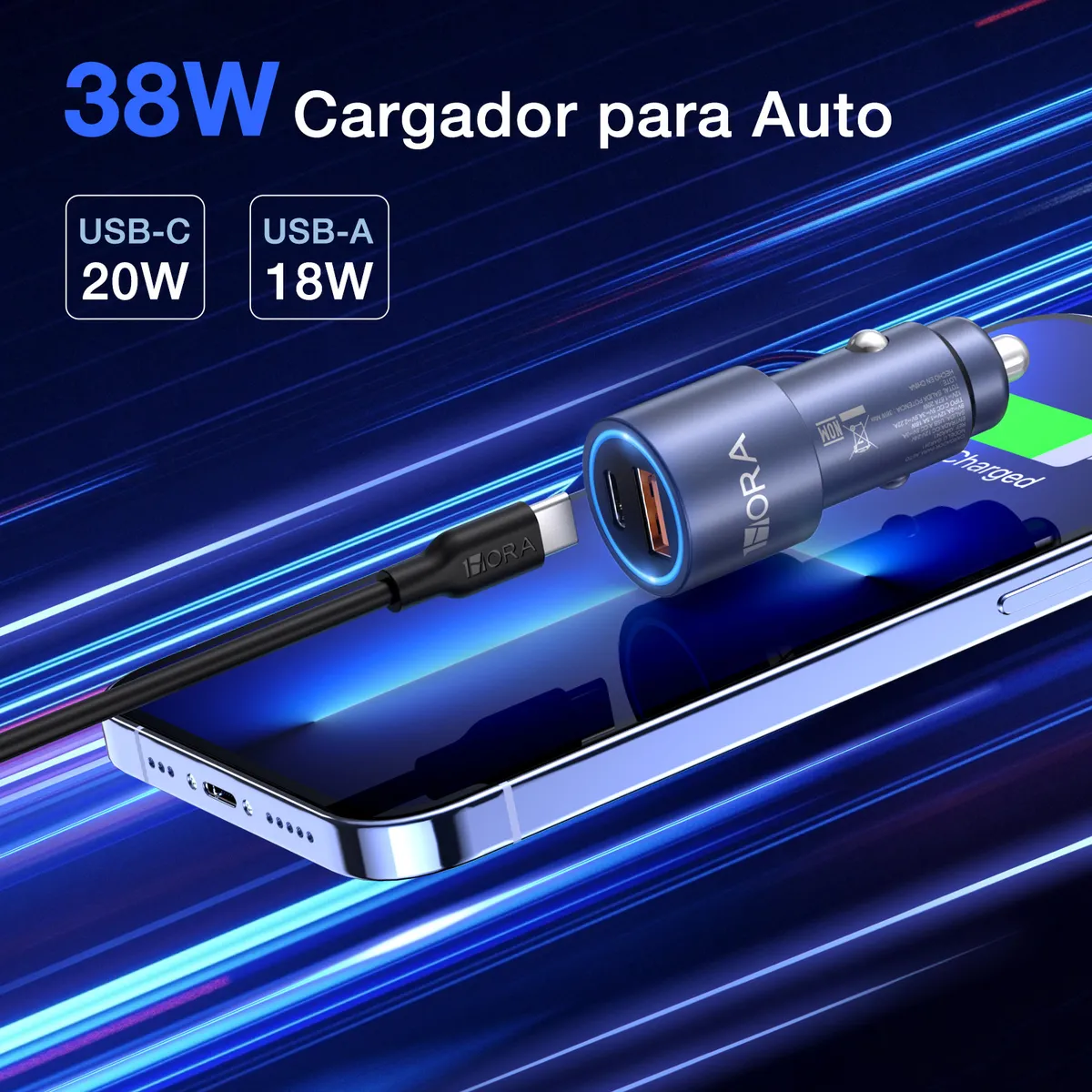 GAR241 - 1HORA CARGADOR AUTO PD 20W + QC 18W, CABLE 1M C TO C - Imagen 2