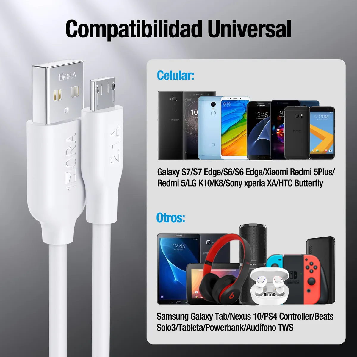 CAB236B - 1HORA CABLE USB A MICROUSB (V8), 2.1AMP, 1METRO - Imagen 5