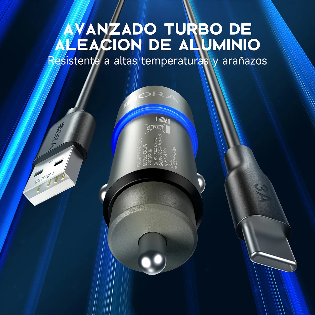 GAR116 - 1HORA CARGADOR AUTO CARGA RAPIDA, 3AMP C/CABLE 1M USB - TYPE C - Imagen 5