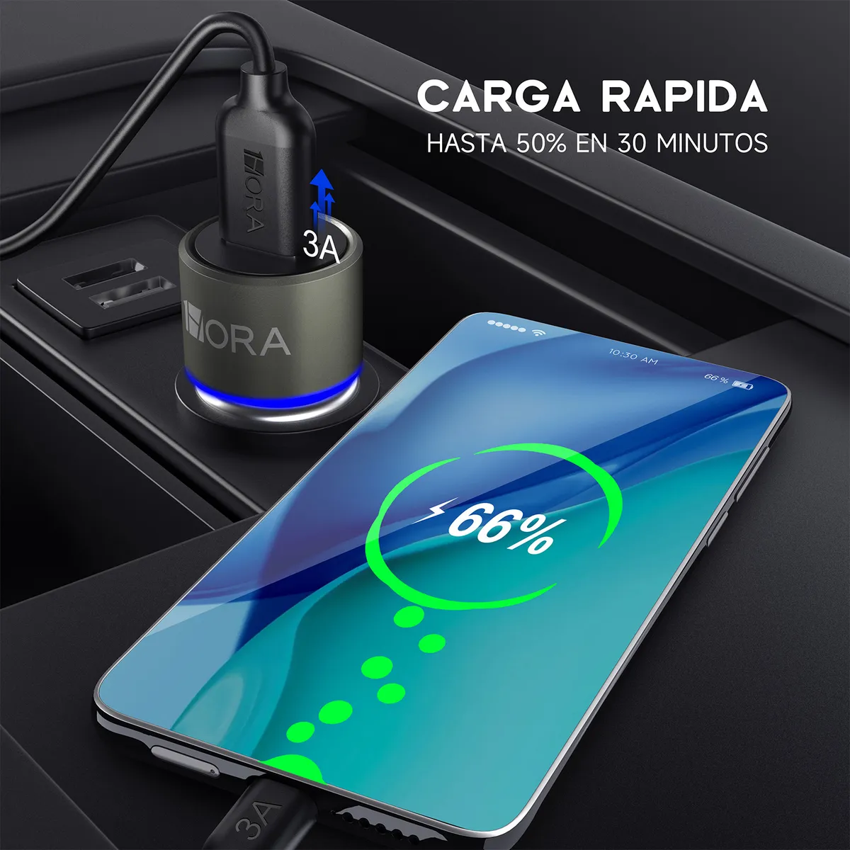 GAR116 - 1HORA CARGADOR AUTO CARGA RAPIDA, 3AMP C/CABLE 1M USB - TYPE C - Imagen 2